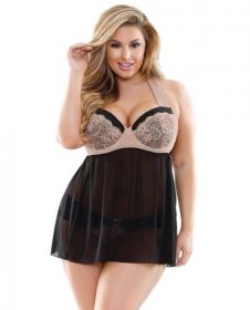 Serena Halter Babydoll &amp; Panty Black Nude 3X/4X