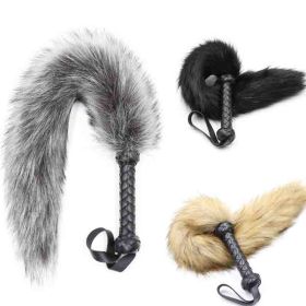 Leather Whip Handle Fox Tail Fur Fetish Ass Spanking Paddle Flogger BDSM Flirt Slave Erotic Sex Toys for Female Male Couples (Color: Gray)