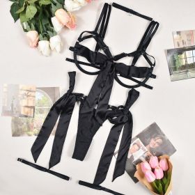 Hollow Out Cutout Sexy Dew Lace Up Push Up Sexy Lingerie Four Piece Set (size: XL)