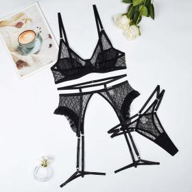 Bra Rhombus Mesh Stitching Perspective Sexy Underwear Four Piece Set (size: L)