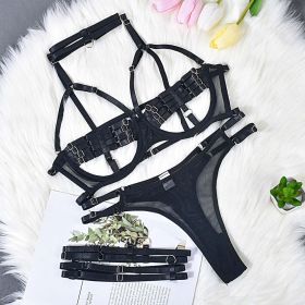 Lingerie Sexy Temptation Complex Shoulder Strap Interwoven Four Piece Suit Steel Ring Sexy Uniform (size: L)