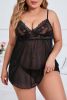 Black Plus Size Floral Embroidery Mesh Sexy Babydoll